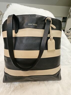 Cole Haan Dark Brown & Beige Striped Pebbled Leather Large Tote